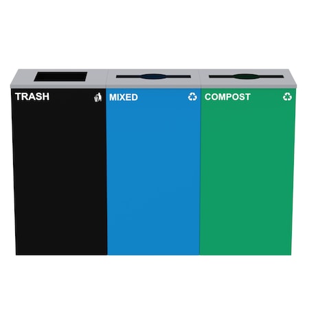 Alpine Industries 87 Gal. 3-Stream Steel Blue Mixed, Green Compost, and Black Commercial Trash Can Station ALP4450-BLK-KIT28